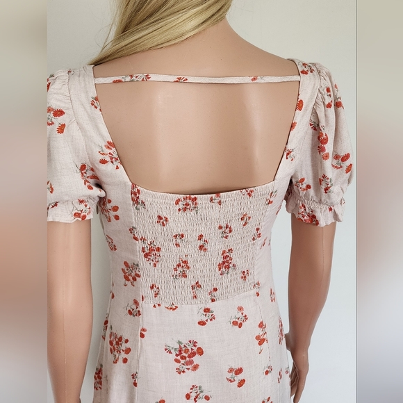 BARDOT FLORAL BEIGE SMOCKED COTTON CAP SLEEVES MINI SHORT SEXY DRESS 6 SMALL - Picture 13 of 14